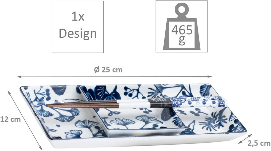 TOKYO design studio Flora Japonica Sushi-Set blau-weiss, 6-TLG, 2X Sushi-Platten, 2X Saucenschalen,