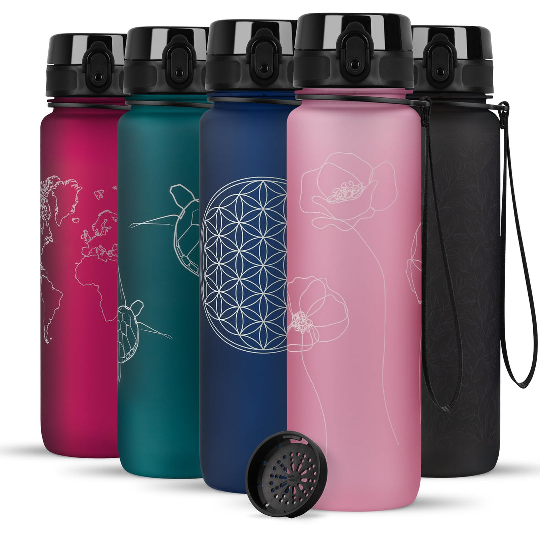 720°DGREE Trinkflasche 1l mit Motivationsskala “uberBottle“ +Sieb - BPA-Frei - Wasserflasche für Uni