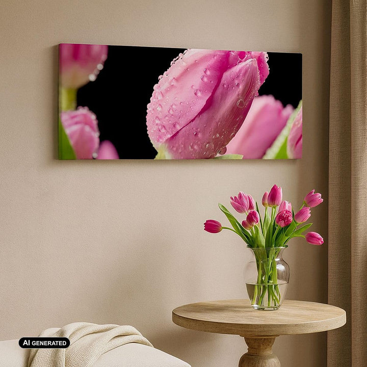 Wandbilder Dekoration Wohnzimmer Tulpe Blumen Tau Panorama Bilder auf Leinwand 120x50cm Leinwandbild