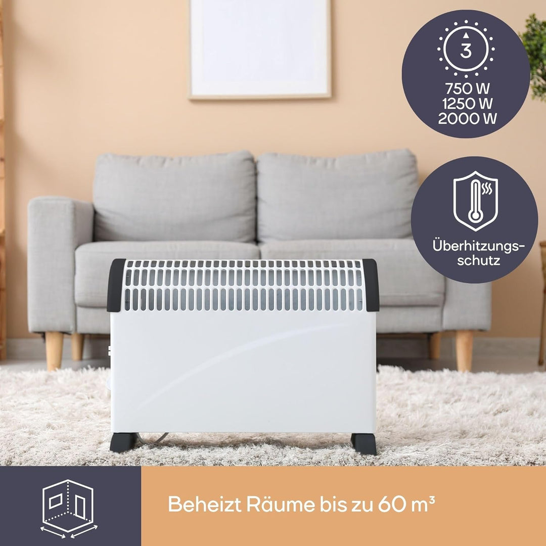 Perel Konvektorheizung 2000W, elektrischer Konvektor, Heizlüfter mit 3 Heizstufen, Turbolüfter, Ther