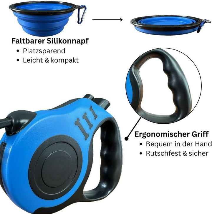 Hundeleine Reiseset 3in1 mit 5 m Rollleine Automatik, faltbarem Napf &amp; Kotbeutelspender – Blau