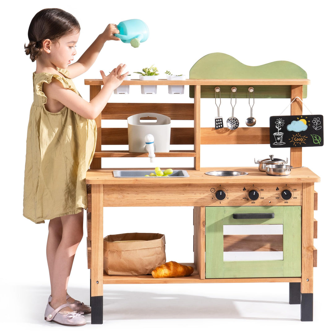 ROBUD Matschküche Kinder Outdoor, Spielküche Holz mit Echtem Wasserhahn, Wasserkocher, Pflanzgefäss,