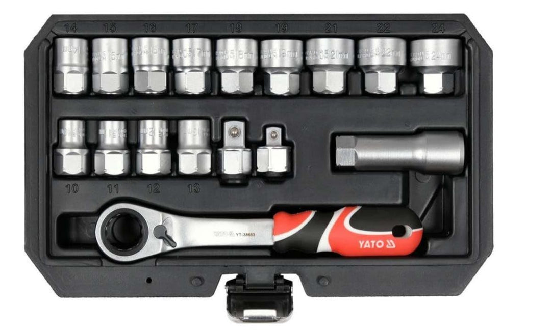 YATO YT-38653, Durchgangs-Steckschlüssel-Set, 17-teilig, Schnellspanner, 1/2 Zoll, 3/8 Zoll, reversi