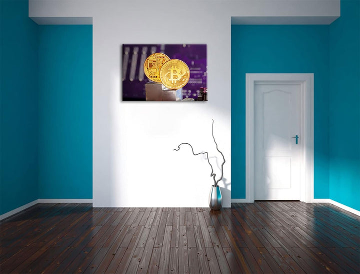 Pixxprint Bitcoin BTC auf Platine als Leinwandbild | Grösse: 100x70 cm | Wandbild | Kunstdruck | fer