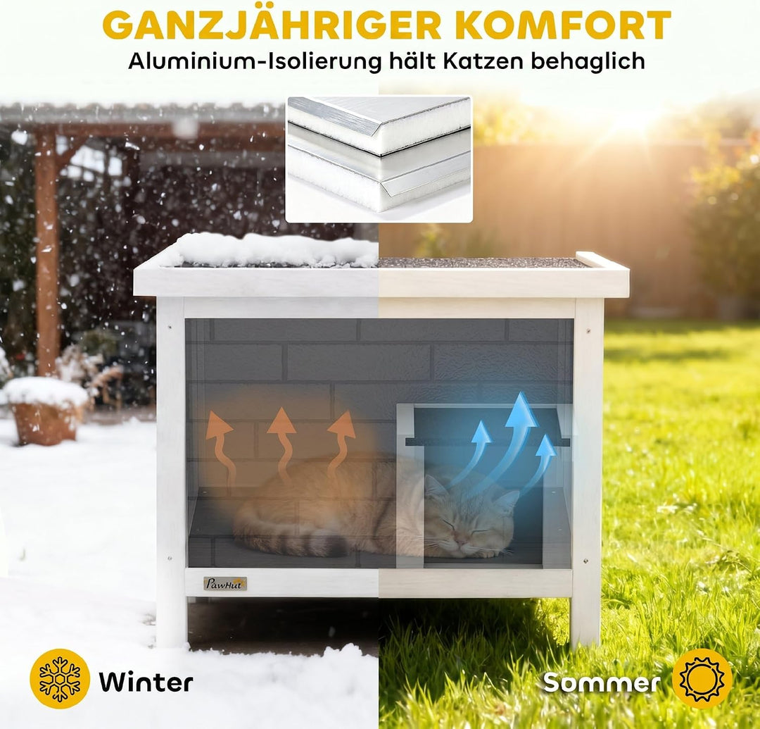 PawHut Katzenhaus Wetterfeste Katzenhütte aus Holz 61x51x53,5 cm Grau