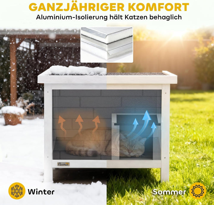 PawHut Katzenhaus Wetterfeste Katzenhütte aus Holz 61x51x53,5 cm Grau