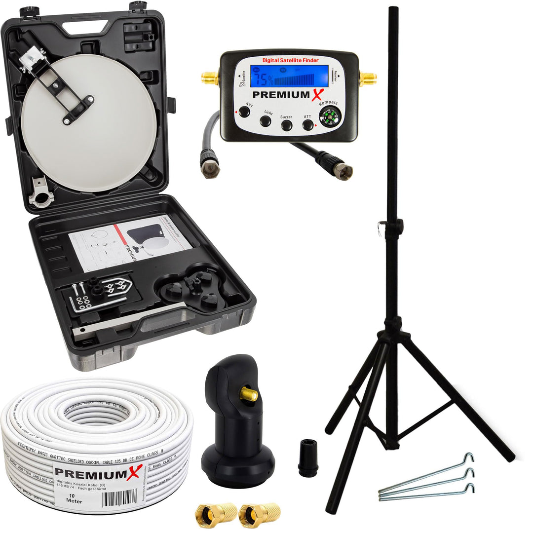 PremiumX Camping Satelliten-Anlage Mobile Antenne im Koffer Single LNB TV SAT-Finder 10m Koaxial-Kab