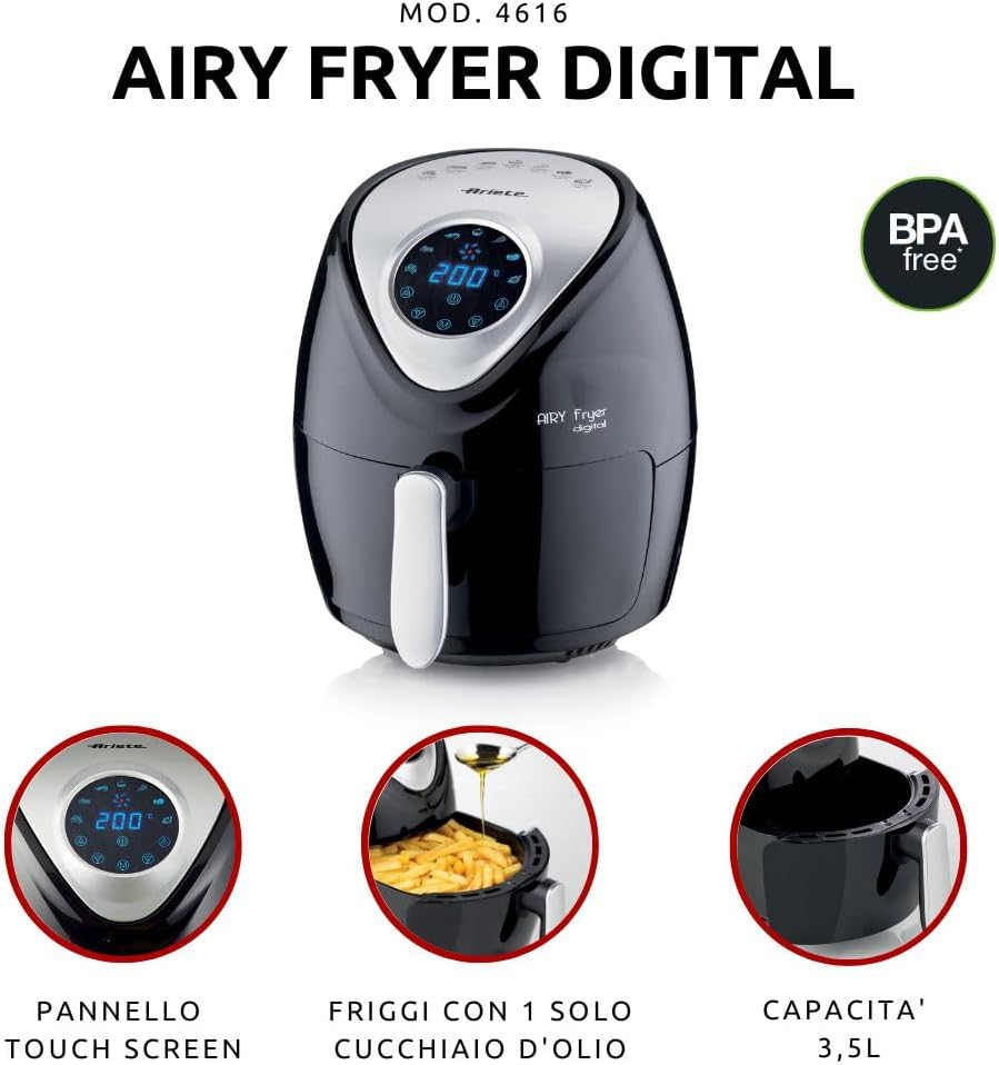 Ariete Airy Fryer Digital 4616, Heissluftfritteuse 3,5 Liter, 60-Minuten-Timer, LCD- und Touchscreen