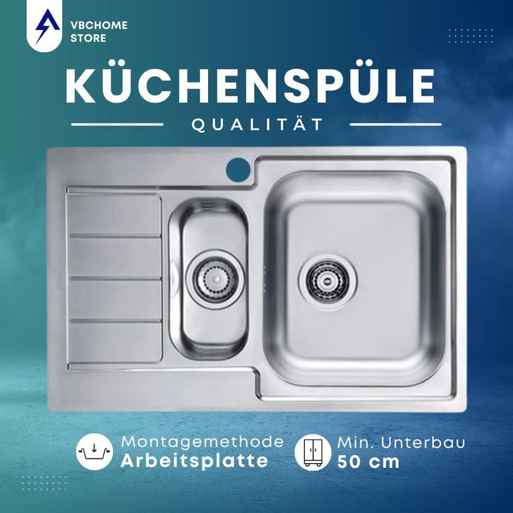 VBChome Edelstahlspüle 79x50 cm Leinenstruktur Einbauspüle Spülbecken mit Hahnloch Abtropffläche Lin