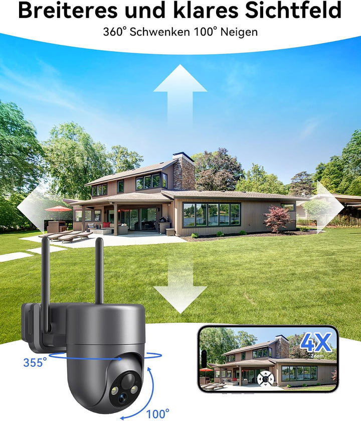 Überwachungskamera Aussen Solar WLAN, Kamera Überwachung Aussen Akku Wifi-grau, Wifi-grau