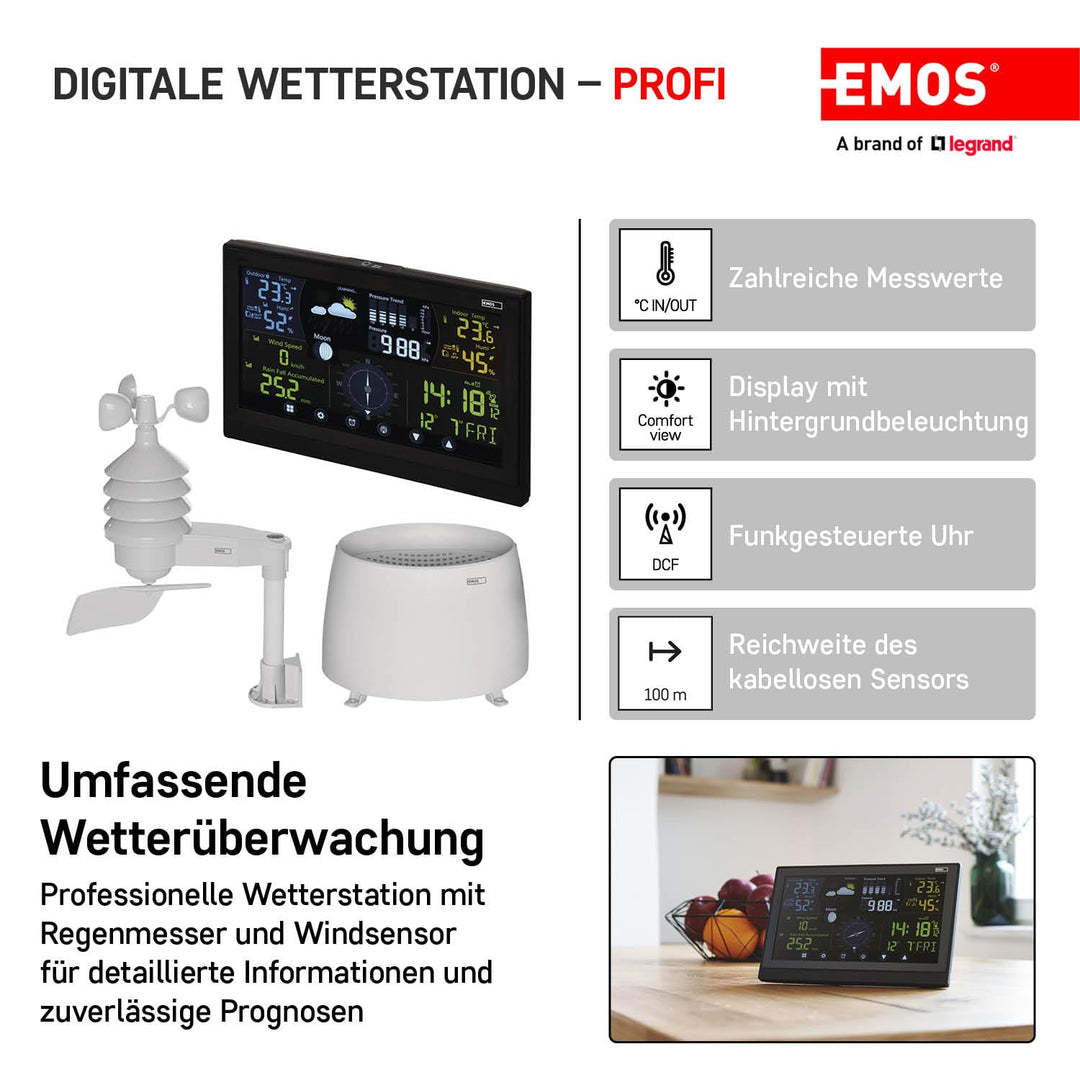 EMOS Profi Wetterstation Funk mit Aussensensor und Touchscreen-Farbdisplay, Windmesser, Regenmesser,