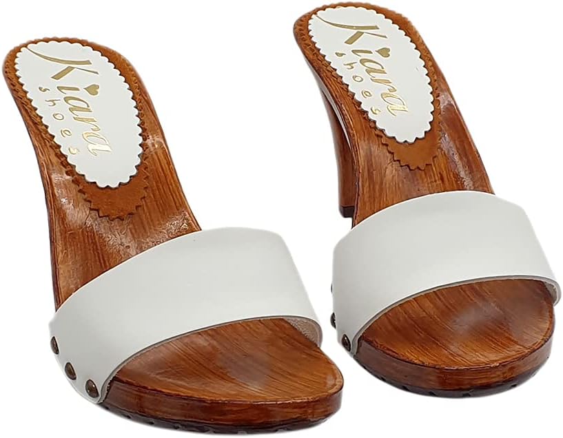 Kiara Shoes offene Clogs Heel 9 Weisses Band - K6102 Bianco (37 EU, Weiss) 37 EU Weiss, 37 EU Weiss