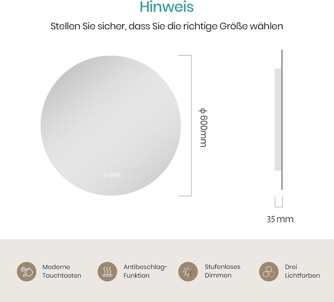 EMKE Badspiegel mit Beleuchtung Rund 60cm, Badezimmerspiegel mit 3 dimmbaren Lichtfarben, Antibeschl
