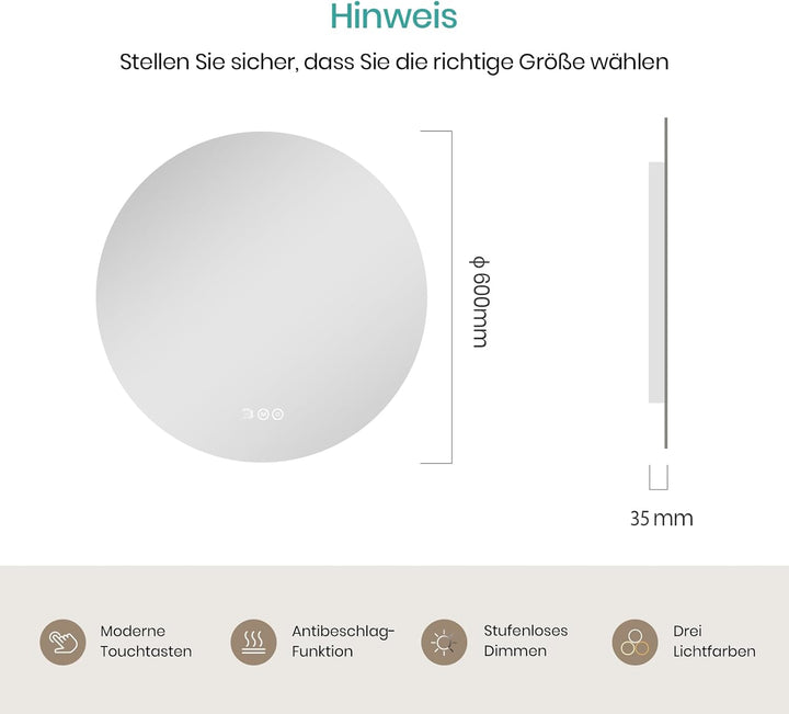 EMKE Badspiegel mit Beleuchtung Rund 60cm, Badezimmerspiegel mit 3 dimmbaren Lichtfarben, Antibeschl