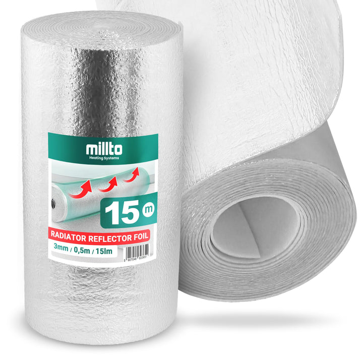 Millto™ Heizkörper Reflexionsfolie 15m x 0,5m x 3mm | Wandisolierung Reflexionsplatte Reflektionsfol