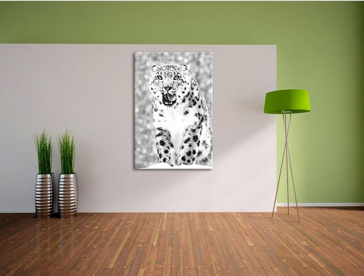 Pixxprint Leopard im Schnee Kunst B&amp;W / 100x70cm Leinwandbild bespannt auf Holzrahmen/Wandbild Kunst