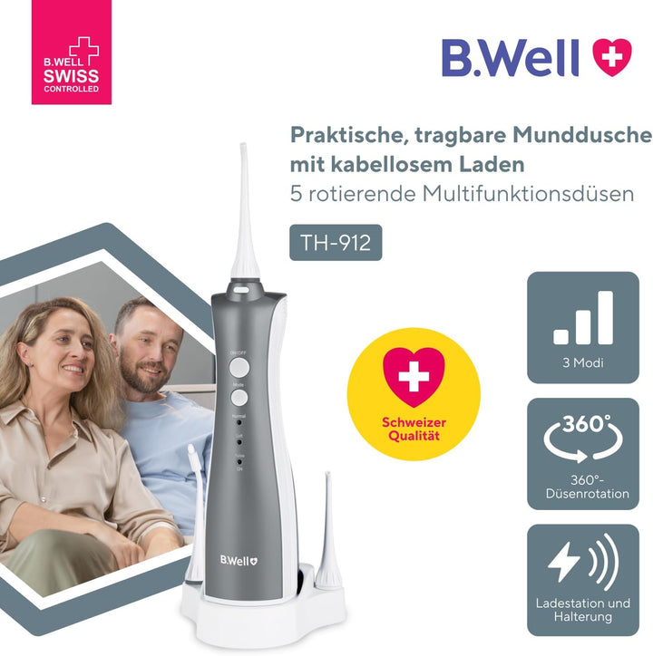 B.Well Swiss TH-912 tragbare und kabellose Munddusche, Praktisches Design mit 3 Betriebsmodi, 5 Düse