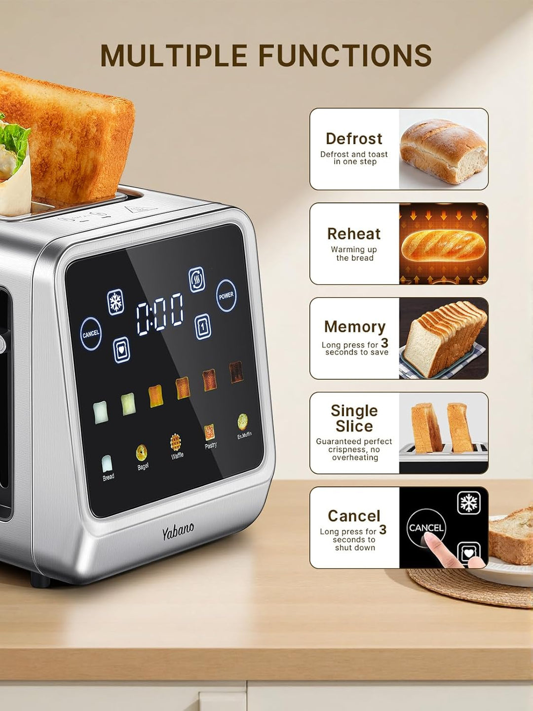 Yabano Toaster 4 Scheiben mit Touchscreen &amp; Memory-Funktion, Single-Slice-Technologie, Timer, Auftau