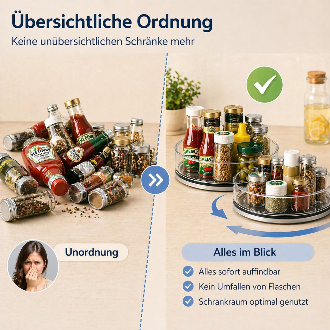 Kühlschrank Organizer Drehteller 2er Set, 360° drehbarer Lazy Susan Küchen Organizer transparent, 23