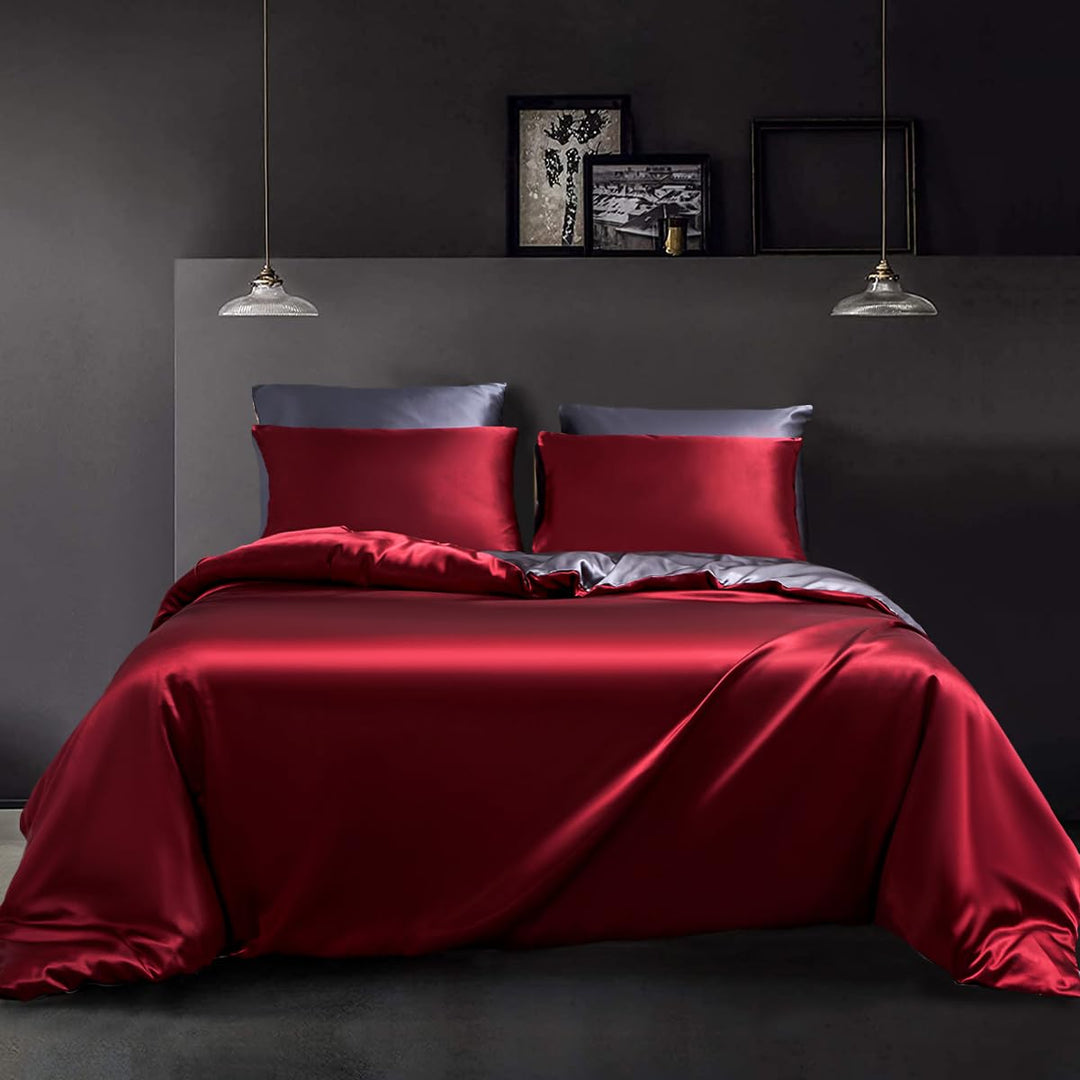 YASMENG Satin Bettwäsche 135x200 Rot Weinrot Dunkelgrau Wendebettwäsche Seide Bettwäsche Glatt Glänz