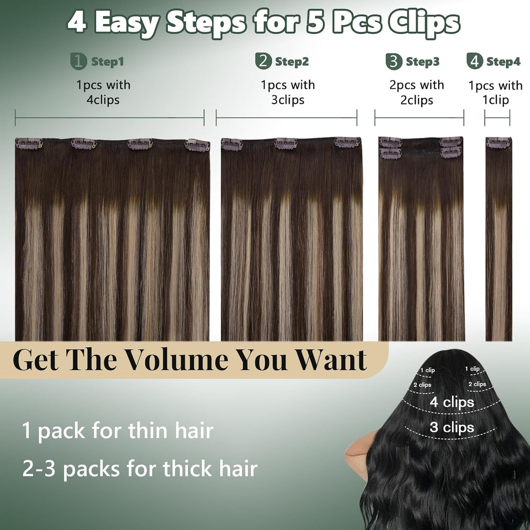 Ugeat Echthaar Clip in Extensions Aschblond 30 cm 85G 5 Stück 
