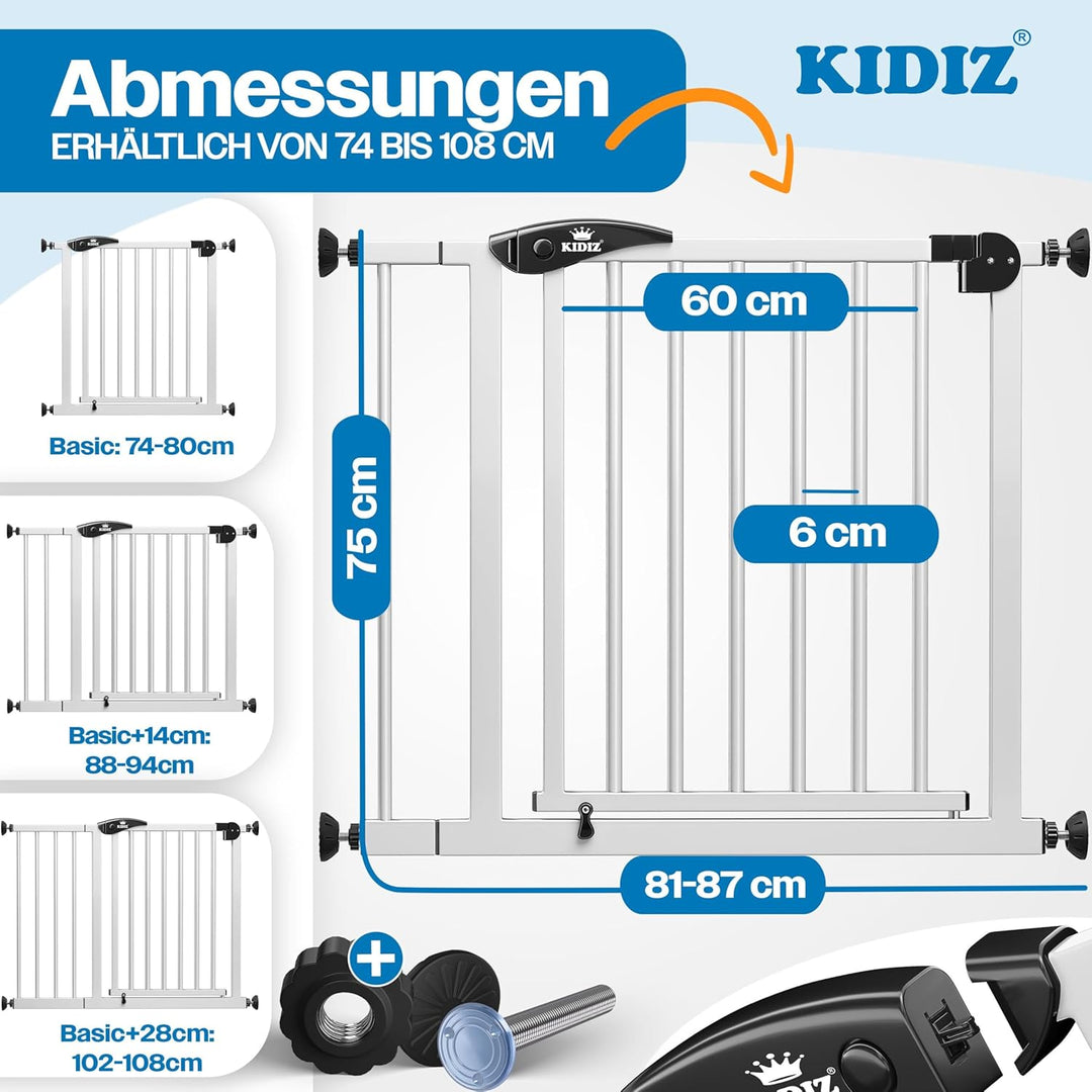 KIDIZ Treppenschutzgitter ohne Bohren | Verstellbare Breite: 81-87 cm, 75 cm hoch, Türschutzgitter u