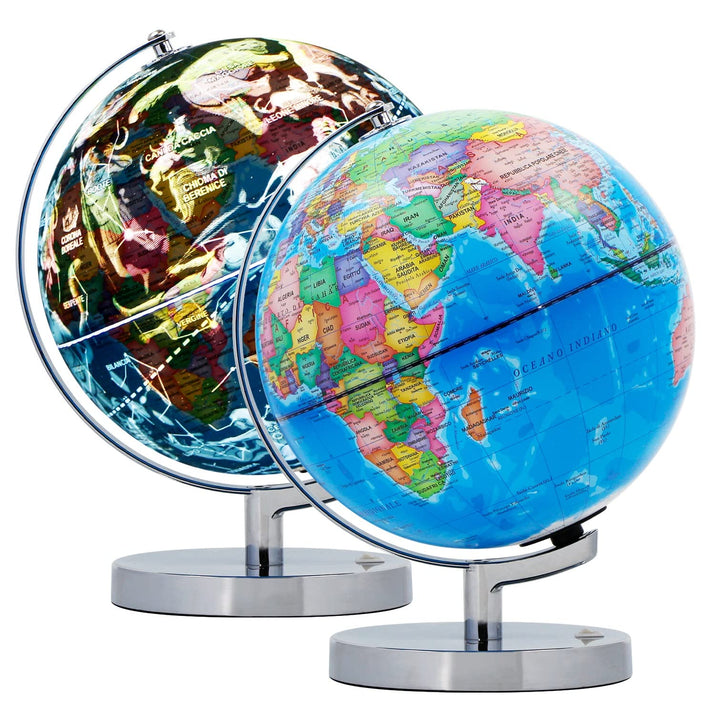 EXERZ 23cm Leuchtglobus Metallsockel - Italienische Karte - Schülerglobus Mit Kabelfreier LED-Beleuc