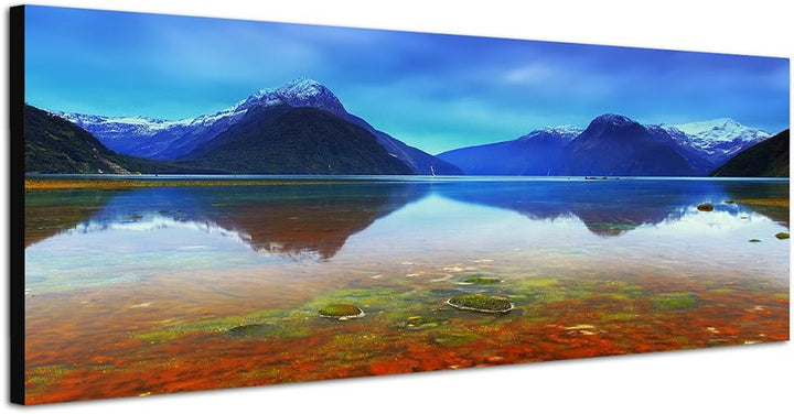 Paul Sinus Art Panoramabild auf Leinwand und Keilrahmen 150x50cm Neuseeland Berge Schnee See Spiegel