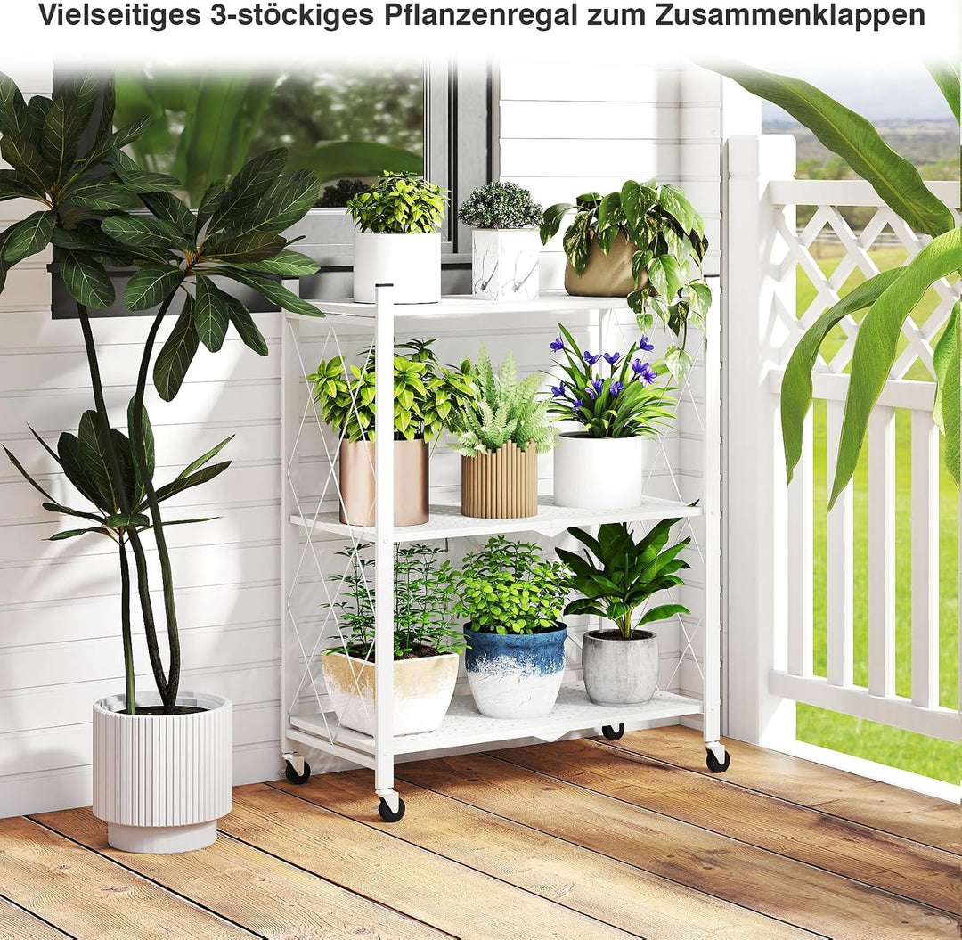 ALANNG Blumenständer mit Rädern, 3 Ablagen Stabiler Pflanzenständer, Metall Pflanzenregal Indoor Ein