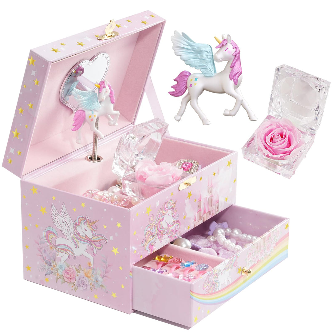 ProCase Kinder Musik Box Schmuckkästchen mit Spieluhr Einhorn &amp; Konservierte Blumen, Schmuckschatull