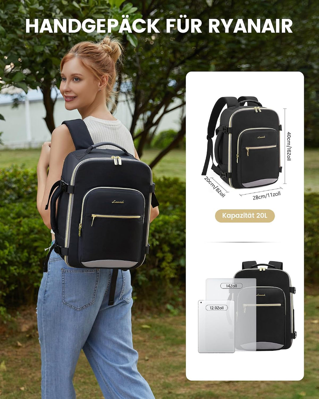 LOVEVOOK Ryanair Handgepäck 40x30x20, Klein Handgepäck Rucksack Tasche Reiserucksack Flugzeug, Carry