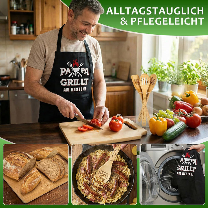 Papa Geschenk Set - Graviertes Bambus Schneidebrett Mit Personalisiertes Schürze und 3 Holzlöffel, B