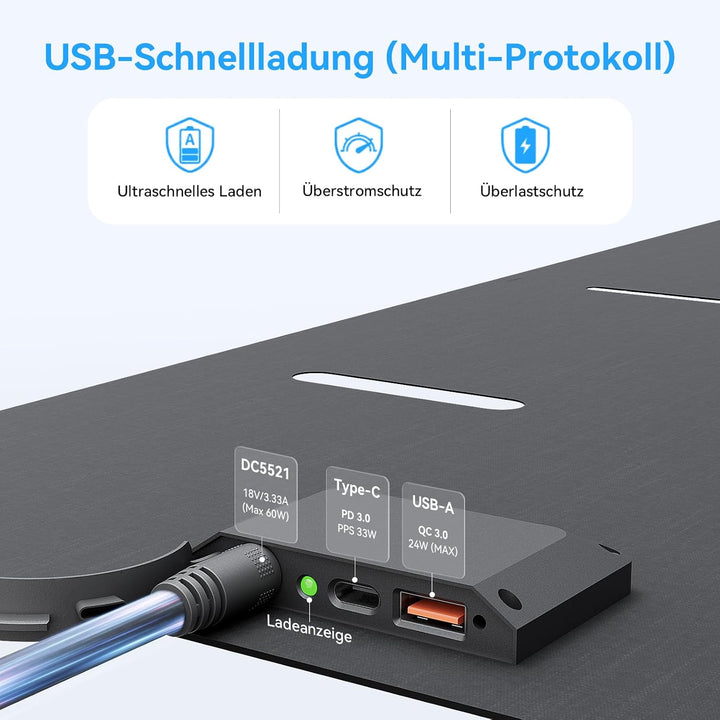 Ecosonique 60W Tragbares Faltbares Solarpanel mit ETFE 23% Wirkungsgrad, USB-C PD3.0 &amp; USB-A QC3.0 S
