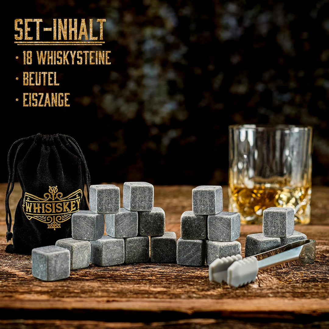 Whisiskey - Whisky Steine Set - 12 Edelstahl Whiskey Steine, Flaschenverschluss &amp; Zange – Geschenke