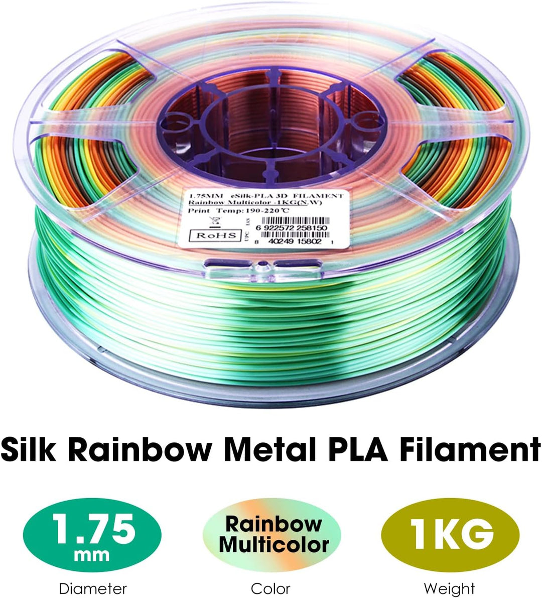 eSUN PLA Metall Regenbogen Seide Filament 1,75 mm, seidig, mehrfarbig, 3D-Drucker PLA-Filament, 1 kg