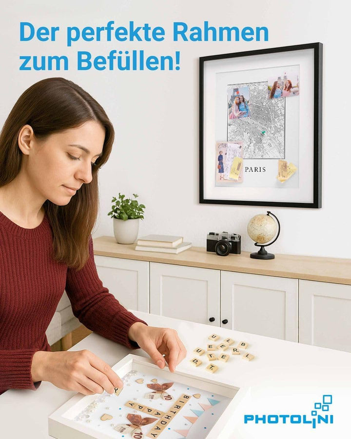 PHOTOLINI 3D Bilderrahmen zum Befüllen 30x40 Schwarz gross, 1,5 cm tiefer Objektrahmen mit Glas, tie