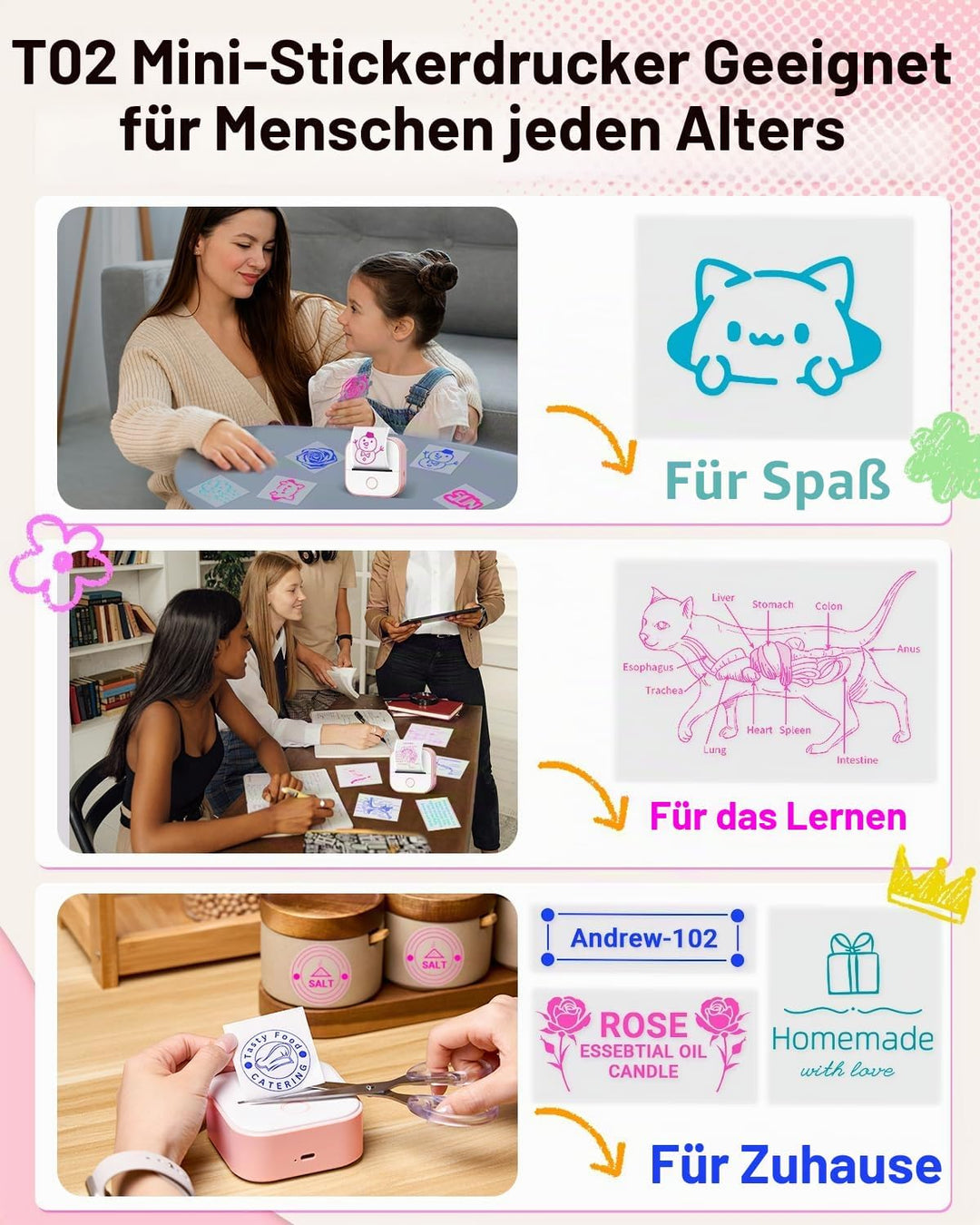 Memoking T02 MiniDrucker Aufkleber Drucker Tragbarer Thermodrucker Mini Rosa, Rosa