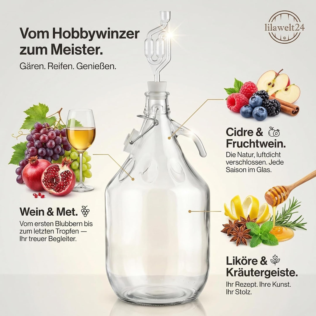 lilawelt24 4X 5L Glasballon Gärbehälter Set mit Bügelverschluss, Henkel, Gärrohr &amp; Stopfen, für Wein