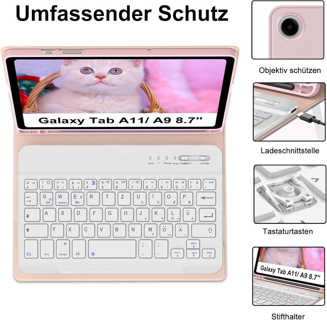 Hülle mit Tastatur für Samsung Galaxy Tab A11/ A9 8,7 Zoll (2025/2023) Rosa Rosa, Rosa Rosa