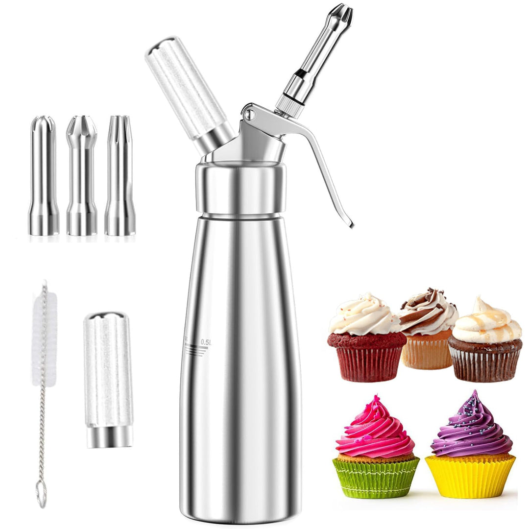 500ml Edelstahl Sahnespender, Sahnesyphon mit 3 Deko-Düsen und 1 Reinigungsbürste, Professioneller S