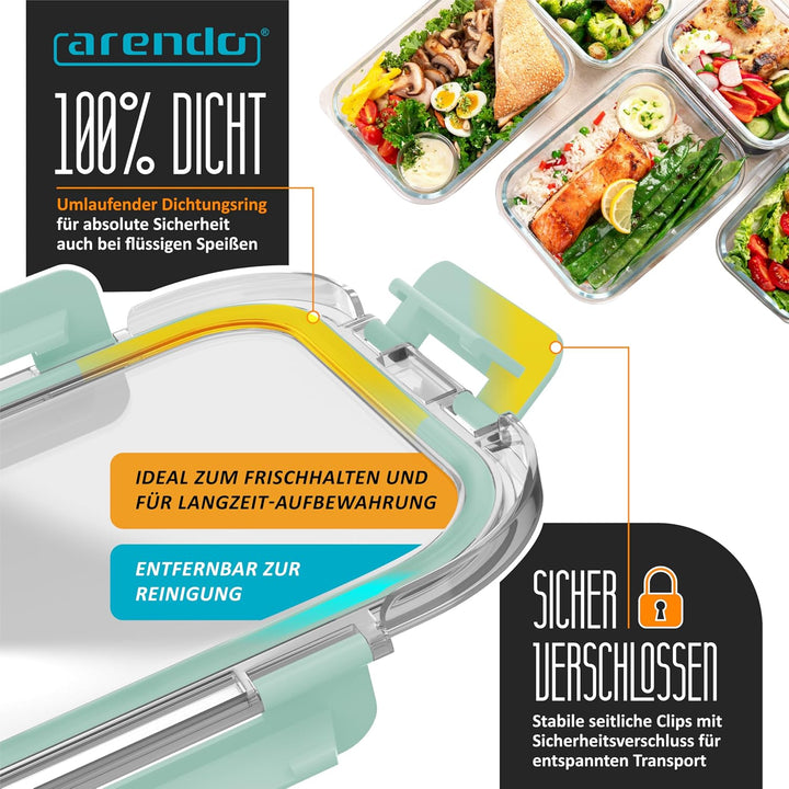 Arendo - Lunchboxen Glas - Frischhaltedosen für Lebensmittel mit Deckel luftdicht - 5er Set - 1000 m