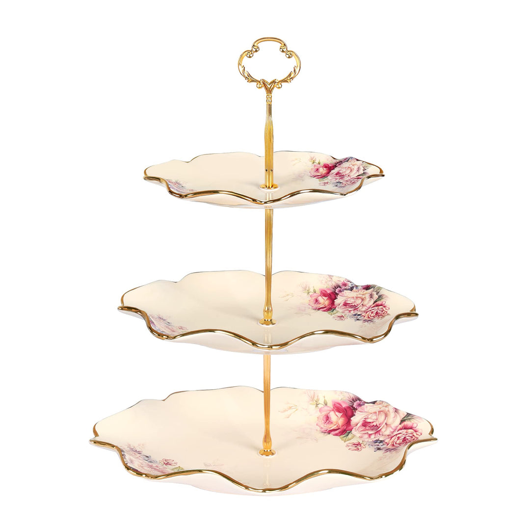 fanquare 3-Stufig Königlich Etagère mit Blumenmuster, Lotus Blume Förmige Obstkörbe mit Metallstrebe