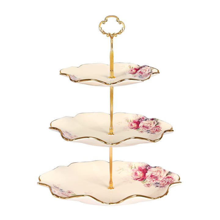 fanquare 3-Stufig Königlich Etagère mit Blumenmuster, Lotus Blume Förmige Obstkörbe mit Metallstrebe