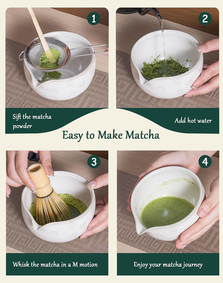 Matcha Set 6-teilig, Japanisches Matcha Schale Set mit Besen (Chasen), Halter, Edelstahl Sieb, Dosie