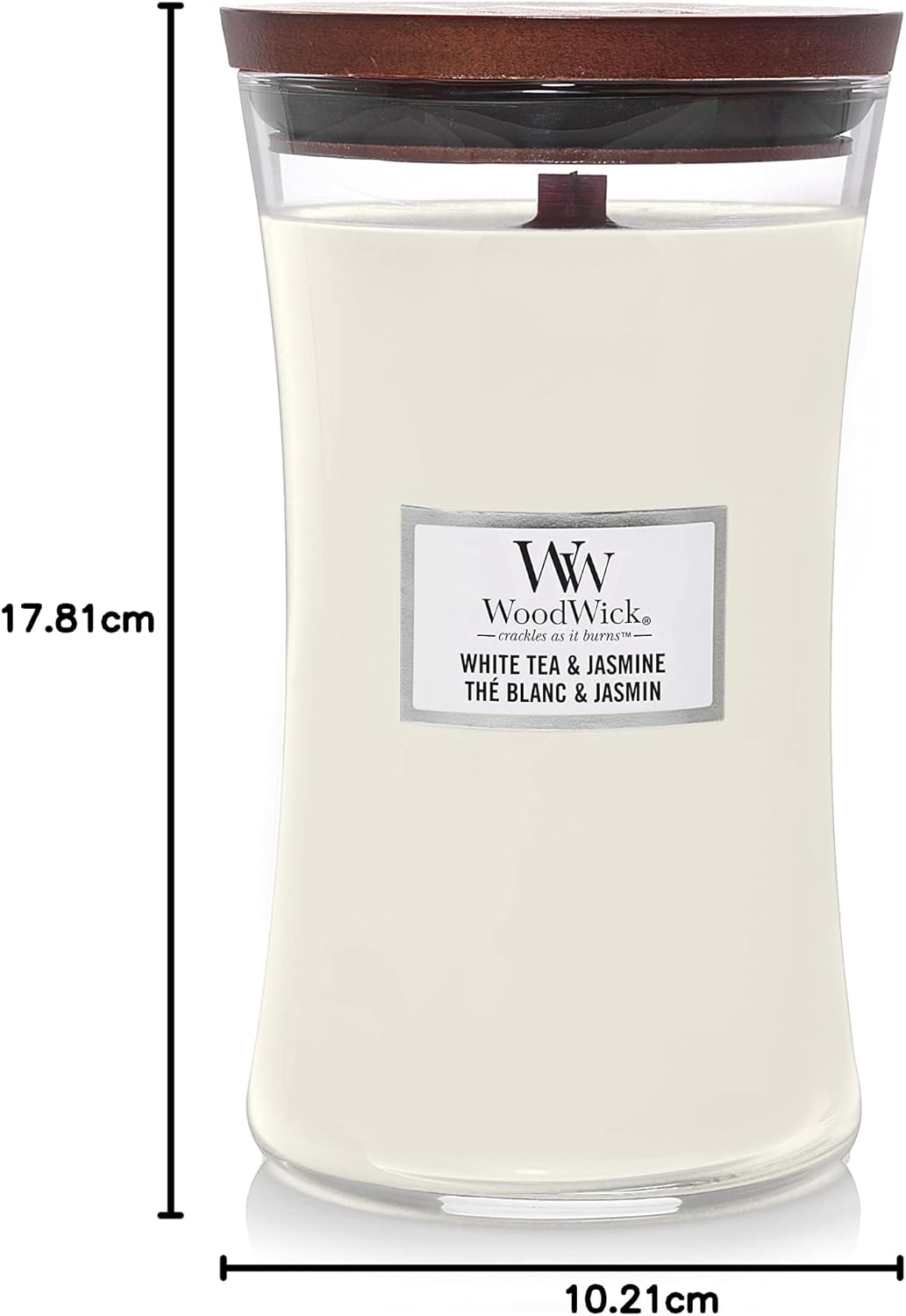 Grosse WoodWick Duftkerze im Sanduhrglas mit knisterndem Docht, White Tea &amp; Jasmine, bis zu 130 Stun