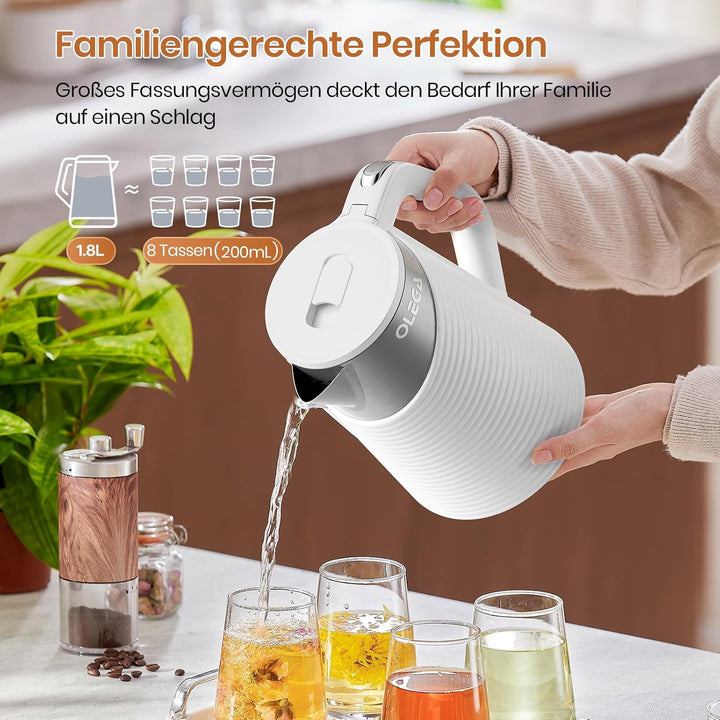 OLEGA Wasserkocher 1800W - schnell kochender Heisswasserkessel, 1,8 l Abschaltautomatik Doppelschich