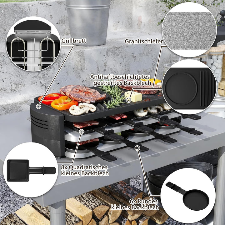 FIVMEN Raclette 8 Personen Raclette Grill 1600W mit 14 Pfännchen, Granitplatte &amp; Antihaftplatte Elec