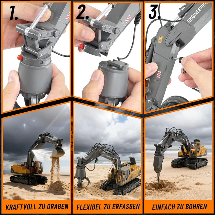 kolegend 3-in-1 Ferngesteuerter Bagger, 14-Kanal RC Bagger Spielzeug mit DREI Metallköpfen, 680° Dre