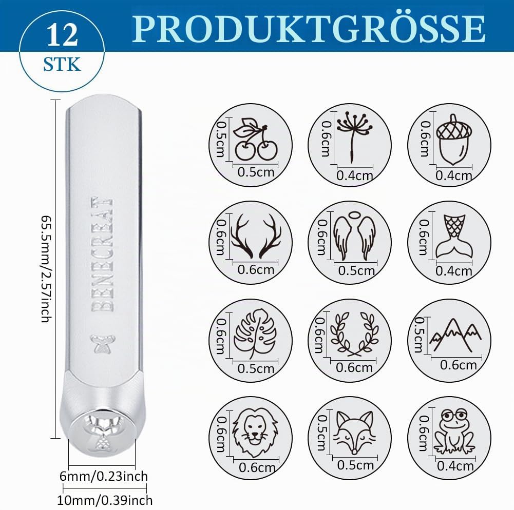 BENECREAT 12 Packs (6mm 1/4") Matte Design Metallstempelstanzen mit Werkzeugkoffer für Schmuck Leder