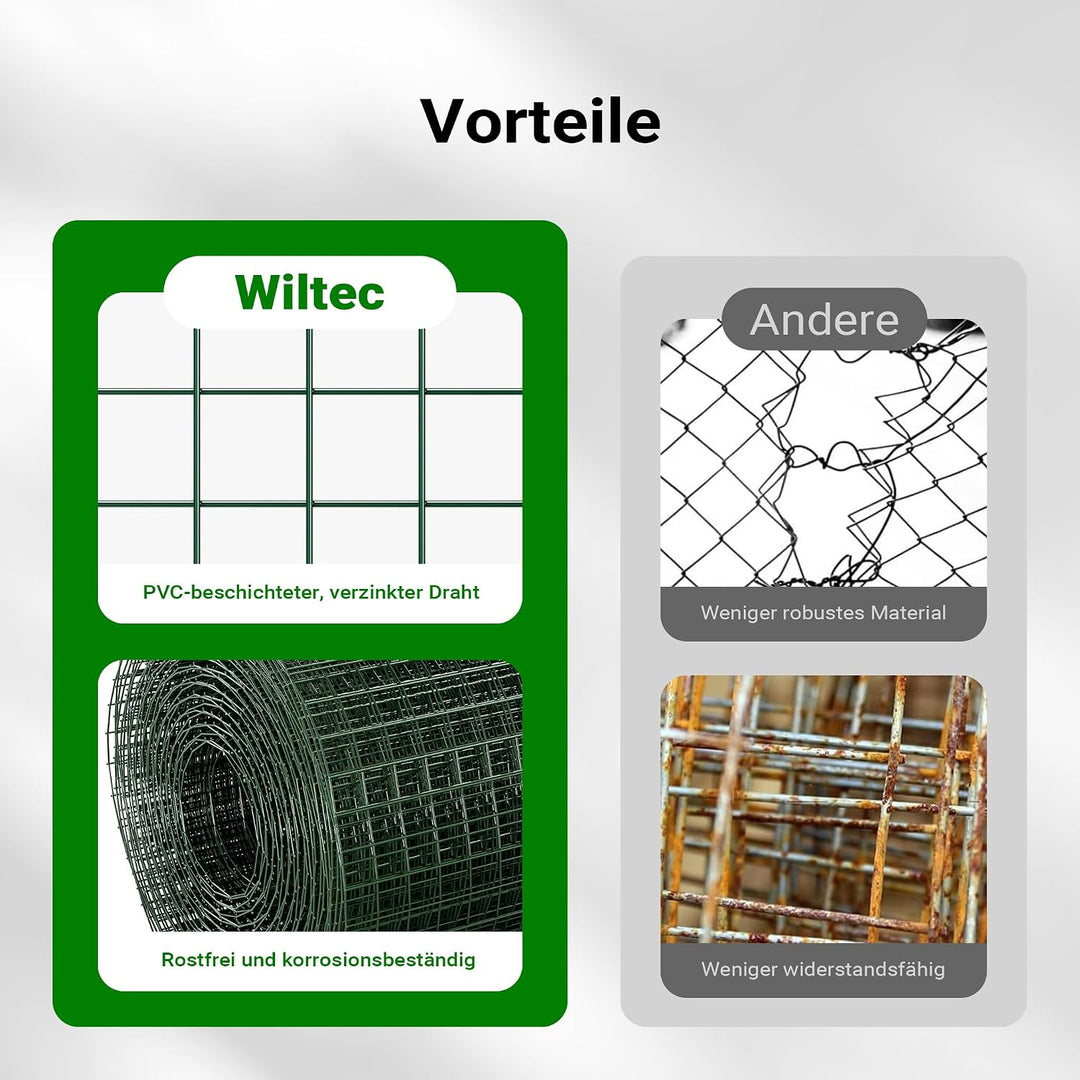 Wiltec Maschendrahtzaun Grün 1x10 m 100 cm Höhe 1,42 mm Stärke 25x25 mm Maschengrösse, Volierendraht